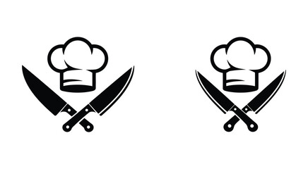 Fototapeta premium Chef Knives with crossed blades and cooking hat symbols in a culinary emblem design, representing chefs, professional kitchens, gastronomy, food preparation, culinary skills, and restaurant branding.