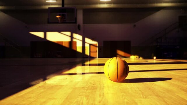 Basketball court in stillness. Quiet sports arena prepares for intense action ahead. Solitary basketball figure stands silently in glow of dim backlighting