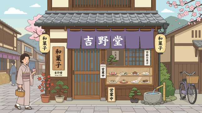 Traditional Japanese sweets shop storefront with lanterns and sakura