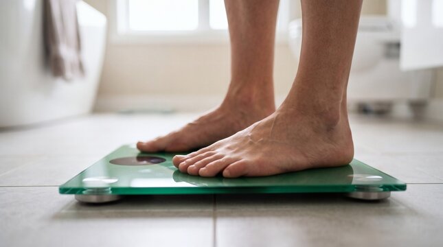 Person standing on a digital bathroom scale for weight measurement.