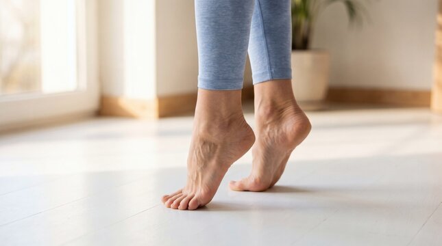 Womans Bare Feet Standing on Tiptoes in Light Blue Leggings Indoors.