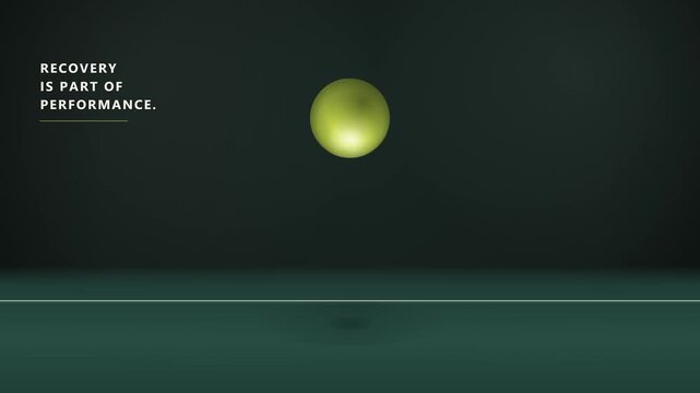 Premium cinematic 3D animation of a tennis ball impacting a court, absorbing energy through controlled deformation, recovering its spherical form, and rebounding in a seamless sports performance loop.