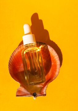 Glass dropper bottle with oil placed on a seashell against a vibrant yellow background, showcasing a minimalist and natural aesthetic for beauty or skincare products
