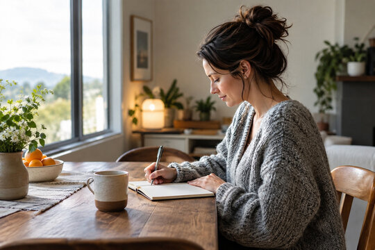 Woman writing in a journal at a quiet kitchen table