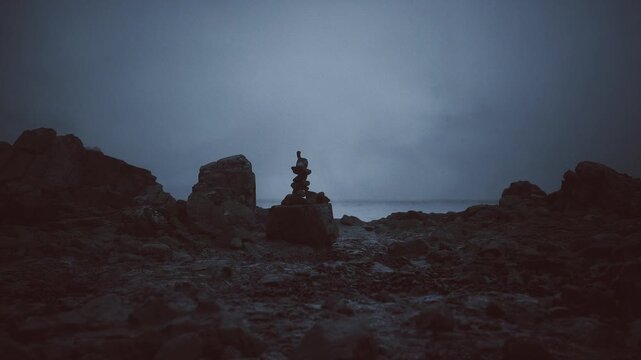 Remote rugged shoreline marker encourages peaceful contemplation. Distant craggy coastal cairn serving as quiet sanctuary for reflection and calmness