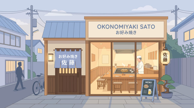 Okonomiyaki Sato storefront with chef cooking in Japanese restaurant