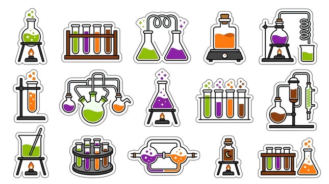 Set of colorful laboratory science stickers featuring various glass flasks test tubes and chemical equipment in modern flat style design