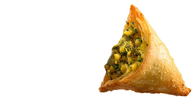 A golden crispy triangular indian samosa on white background