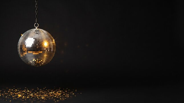 disco ball hanging with golden confetti on black background for party and celebration concept