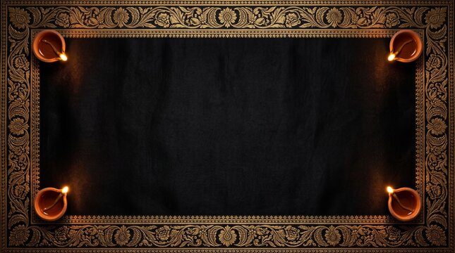 diwali celebration frame with traditional diyas and ornate golden border on black background