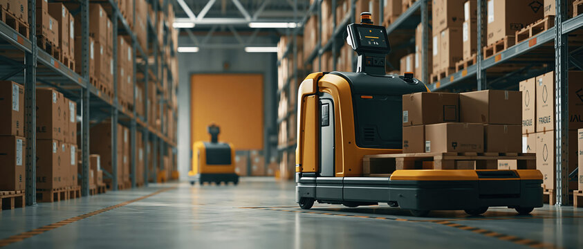 An epic cinematic shot from a low angle, showing an automated guided forklift carrying cardboard boxes on a wooden pallet inside a massive fulfillment warehouse with tall storage racks.
