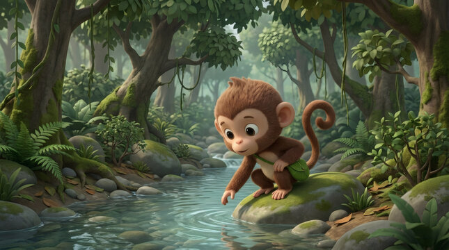Cute cartoon monkey touching water in a lush tropical jungle stream with copy space