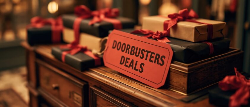 Urgency meets festive retail a bold red doorbuster sale tag commands attention beside elegantly wrapped black and kraft gifts with red ribbons. Perfect for holiday promotions.