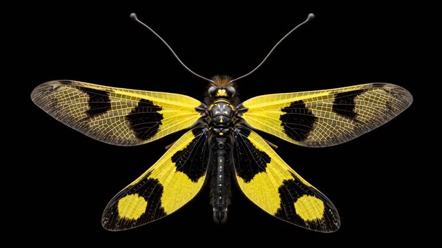 owlfly with open wings close up isolated on black background video