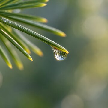 Dew drop hanging from a sharp green pine needle with a soft blurred forest background at dawn.
