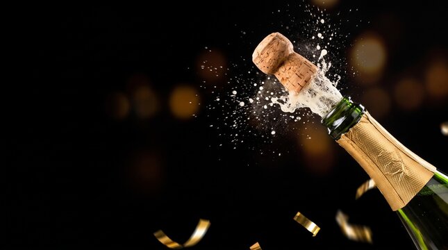 champagne bottle popping cork with sparkling bubbles and festive golden confetti on black background