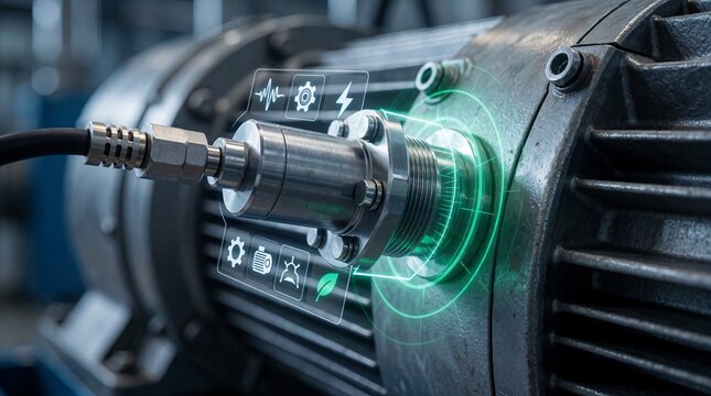 Industrial vibration sensor installed on motor housing for machine condition monitoring applications