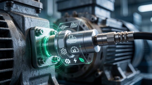 Industrial vibration sensor monitoring rotating machinery for predictive maintenance and smart manufacturing
