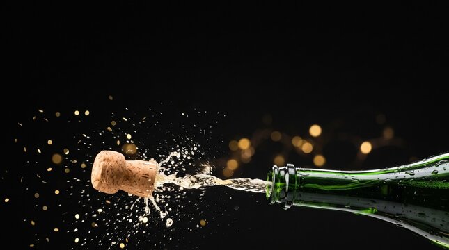 champagne cork popping from green bottle with sparkling bubbles on black background celebrating festive moment