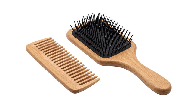 Wooden hairbrush and comb set, eco friendly bamboo hair care accessories, natural wooden paddle brush for daily grooming isolated PNG with Transparent Background