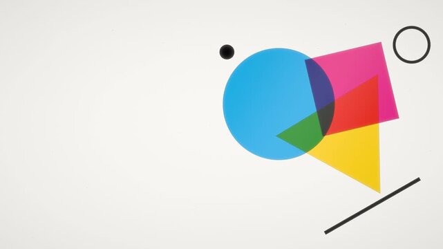 Bauhaus geometric shapes cut from transparent color film on a glowing light table, circle, triangle and square overlap and mix colors, seamless loop