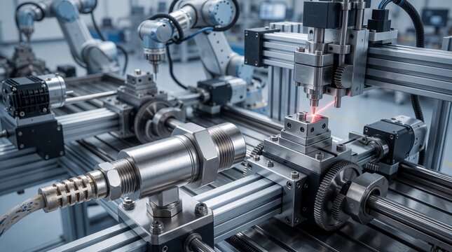 Close up industrial proximity sensor detecting metal components in automated manufacturing machinery