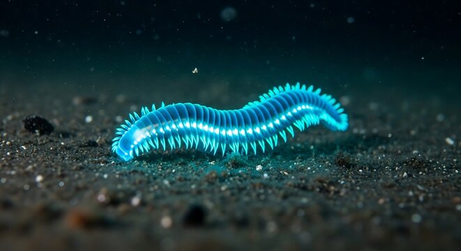 Bioluminescent worm illuminating dark in deep sea