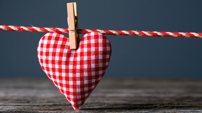 Love heart clothespin rope fabric checkered red white pattern decoration Hanging love heart clothespin rope over rustic wood table, red white checkered fabric pattern creates warm romantic