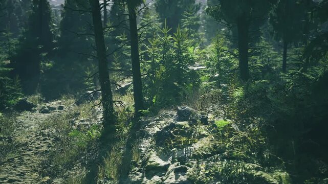 Misty green glade bathed in soft light, ferns and wet rocks, cool atmosphere with lingering vapor, perfect for wildlife photography and quiet exploration