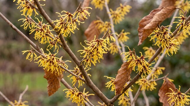 Close-up of yellow witch hazel flowers blooming on branches with brown leaves.