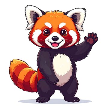 Cute Red Panda Waving Paw Standing on White Background