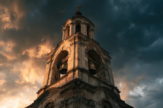 Old stone bell tower standing tall against a contrasting sky during golden hour
