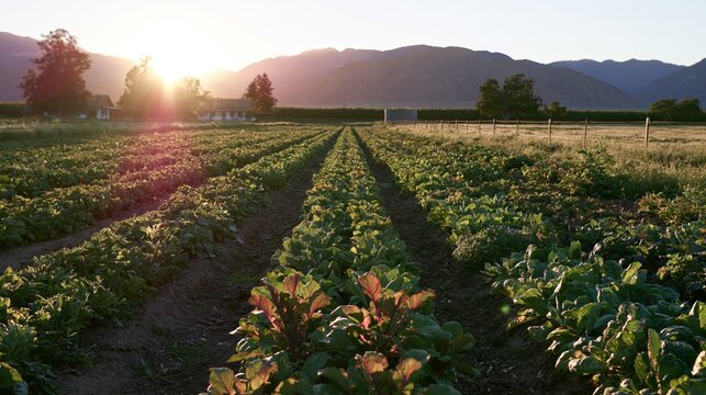 Rows of crops in a farm field at sunrise