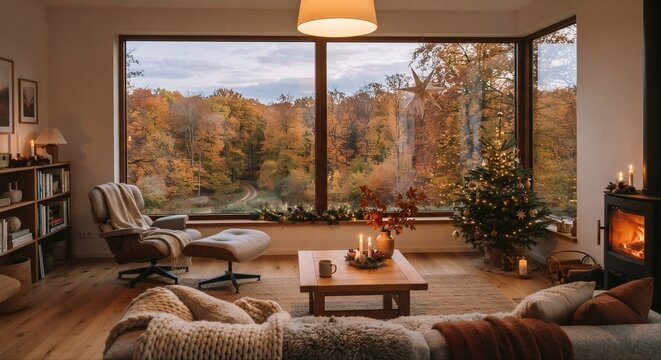 uma sala de estar ao entardecer, com uma grande janela panor&acirc;mica de uma vista suave de &aacute;rvores com folhagens outonais e levemente decorada com itens natalinos.