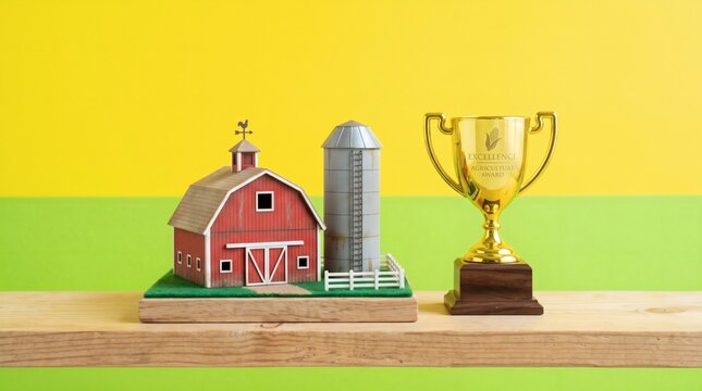 Toy barn and silo with golden trophy on wooden shelf against colorful background.