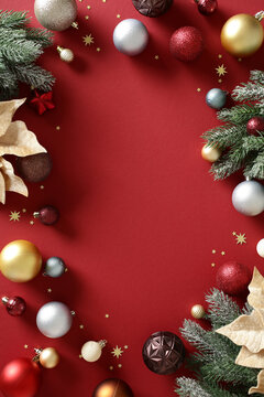 Christmas frame of baubles and fir branches on red background
