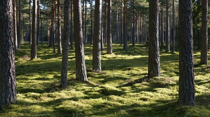 Obraz premium Sunlit pine forest with mossy ground
