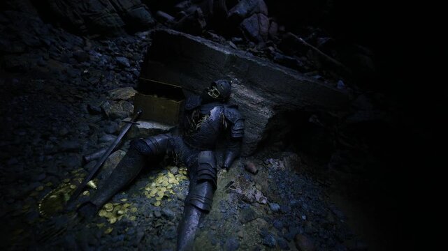 Archaeologist documents armored remains and hoard with careful notes and calibrated light, stratified grit and labeled coins indicating long burial methodical