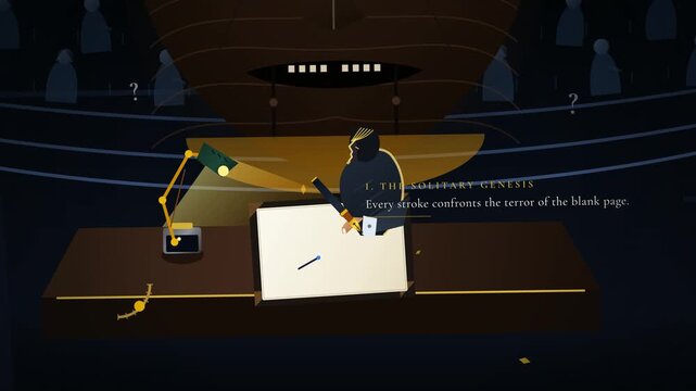 Animated conceptual video depicting a stylized artist overcoming imposter syndrome, showing a giant looming mask representing self-doubt fading away as the creator persists in drawing at a desk