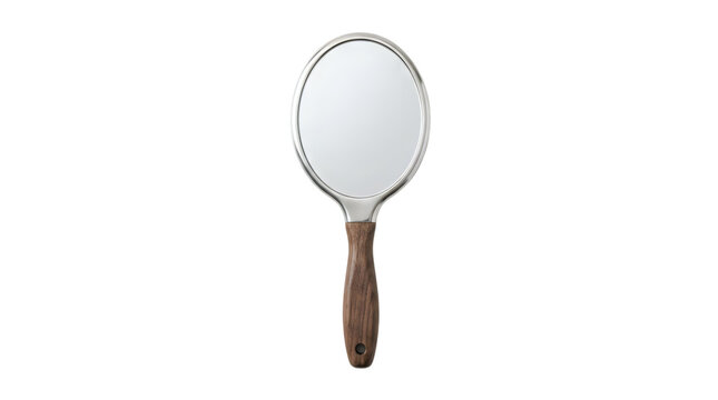 Handheld compact mirror with wooden handle isolated on white background