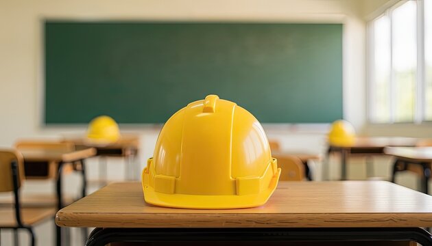 Yellow hard hat on a classroom desk in front of a chalkboard.