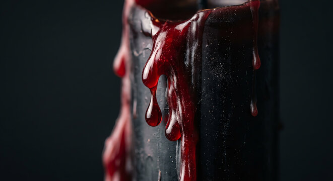 Dark candle with dripping red wax, spooky halloween atmosphere