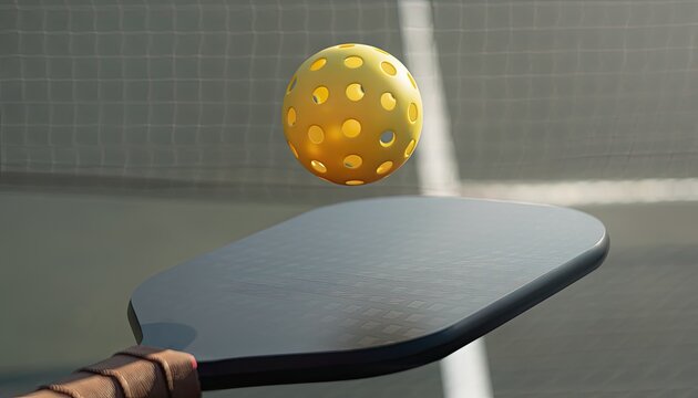 A close-up shot of a pickleball paddle about to hit a yellow pickleball on a court.