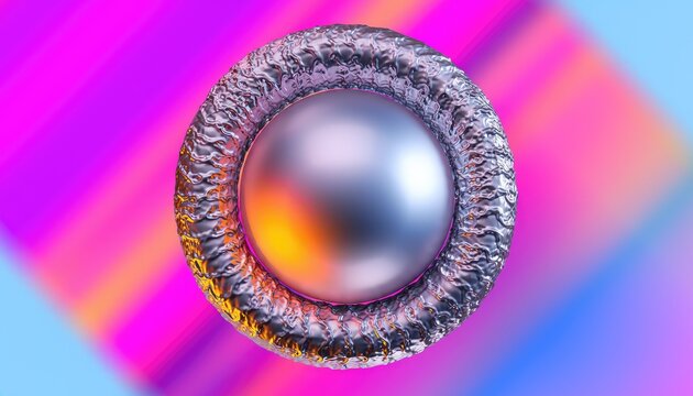 A holographic metallic sphere encased in a textured ring against a vibrant, abstract background.