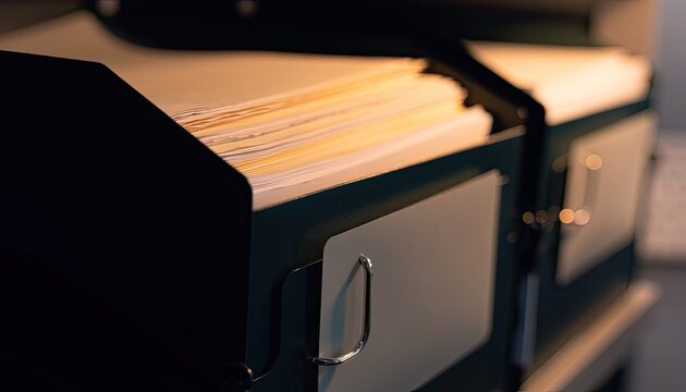 A close-up shot of a filing cabinet filled with documents.