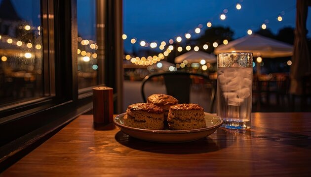 A cozy evening with scones and a refreshing drink under twinkling lights.