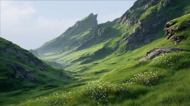 Scenic view of a lush green mountain valley under a bright sunny sky landscape