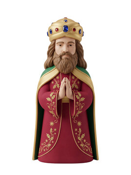 Wise Man In Red Robe And Crown Praying For Nativity Scene