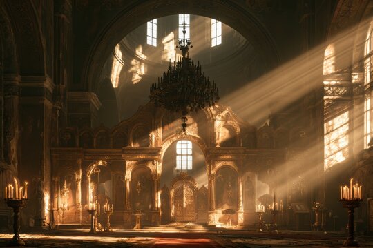 Church interior featuring a richly decorated golden iconostasis bathed in spiritual sunlight rays