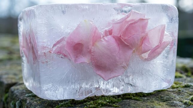 Pink rose petals frozen in large ice block outdoors